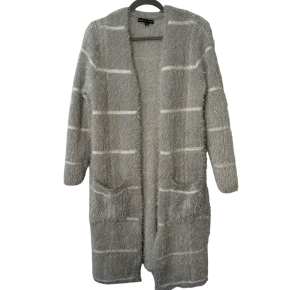 Adrienne Vittadini Sweaters - Adrienne Vittadini Grey Eyelash Knit Longline Striped Cardigan Sweater Small